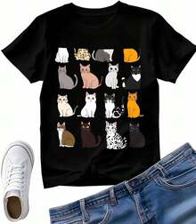 Camiseta de Mujer con Estampado de Dibujos Animados de Varios Gatos, Camisetas Gráficas de Animales de Manga Corta, Camiseta Ajustada de Cuello Redondo y Canalé Negra para Mujer - Negro - Ver 4