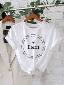 Camiseta Casual de Manga Corta con Cuello Redondo y Estampado de Letras para Mujer, Camisetas Gráficas para Uso Diario, Tops para Mujer, Navidad - Blanco - Ver 5