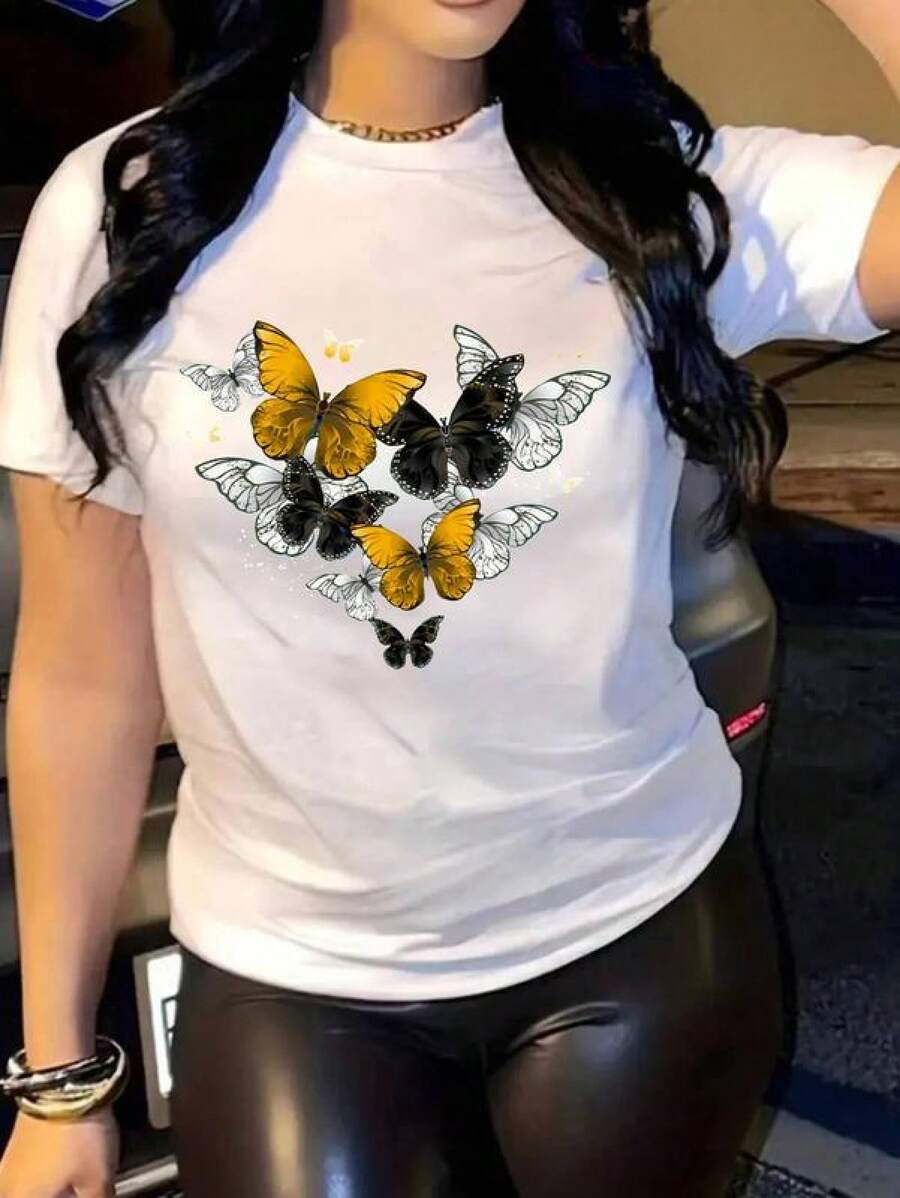 2026 Estampado de camisas de mujer,Nuevo verano ligero blusas casuales para dama,Blusa de Mujer Extra y Suave de con Estampado de Mariposas, Camiseta de Manga Corta de Moda con Cuello Redondo, Lavable aáquina, Perfecta para Uso Casual en Todas las Estaciones, - Blanco - Ver 1