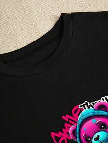 Unisex Size. Women's Short-Sleeved T-Shirt With A Round Neck, Cartoon Letter Print, Versatile And Casual For Everyday Wear. - 黑色 - 查看 5