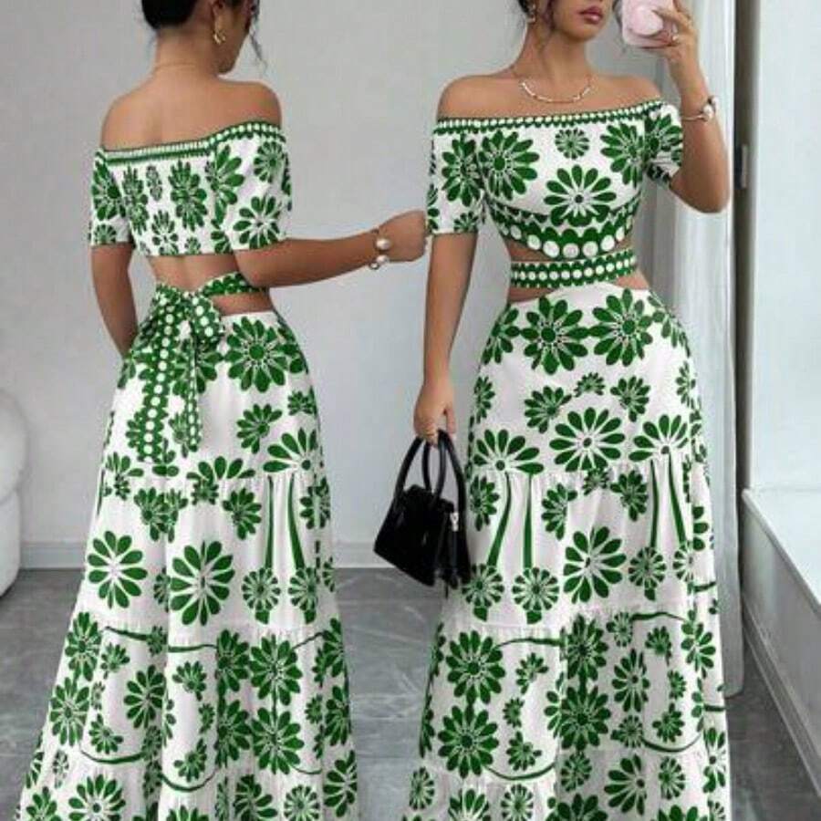 Casual Floral Print Off-Shoulder Crop Top Dress, Summer - Verde - Ver 1