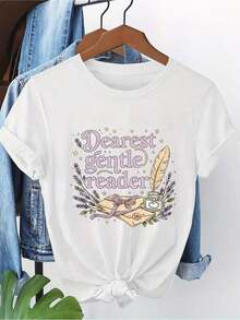 Tops de Verano: 1 Prenda de Ropa de Primavera/Verano, Camiseta de Cuello Redondo Ajustada para Mujer con Estampado Gráfico "Dear Gentle Reader", Suave y Cómoda, Lavable a Máquina, Elegante para Fiestas, Regalo de Vacaciones, Conjuntos de Primavera Y2Y para Camisas de Mujer, Verano |   Diseño exquisito |   Suelto y cómodo |   Fácil de combinar | - Blanco - Ver 1