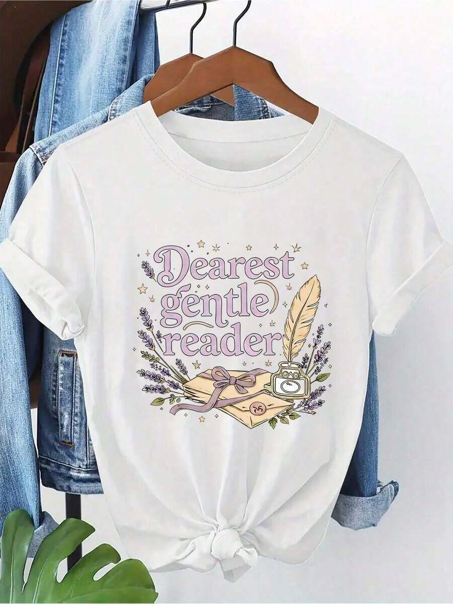 Tops de Verano: 1 Prenda de Ropa de Primavera/Verano, Camiseta de Cuello Redondo Ajustada para Mujer con Estampado Gráfico "Dear Gentle Reader", Suave y Cómoda, Lavable a Máquina, Elegante para Fiestas, Regalo de Vacaciones, Conjuntos de Primavera Y2Y para Camisas de Mujer, Verano |   Diseño exquisito |   Suelto y cómodo |   Fácil de combinar | - Blanco - Ver 1