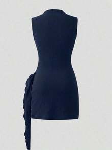 Nuevo vestido elegante y sexy de primavera/verano para citas, de cuello alto, con hebilla metálica, fruncido y sin mangas, de silueta ajustada para mujer - Azul marino - Ver 2