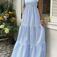 SunnyBelle Blue Striped Square Neck High Waist Sleeveless Backless Spaghetti Strap Drawstring Maxi Dress, Sexy & Vacation Style, Spring/Summer - Amarillo claro - Ver 5