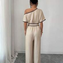 Casual Vacation Asymmetric Neck Textured Soft Elastic Waist Comfortable Flared Leg Pants, Khaki, Spring/Summer - Color caoba - Ver 3