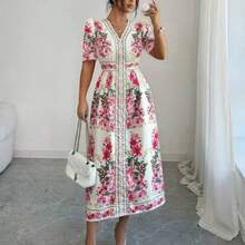 Women's Boho Hot Pink Floral Print A Line V Neck Puff Half Sleeve Midi Dress - Rosa Fucsia - Ver 1