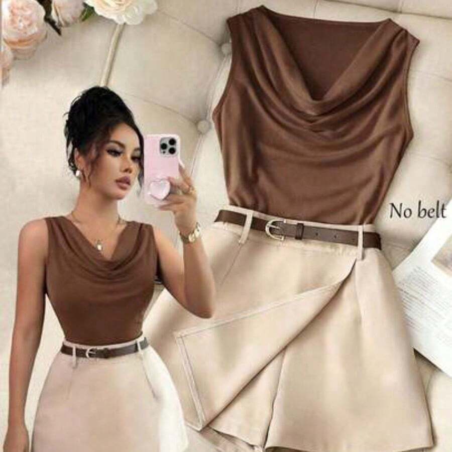 1 conjunto de top sin mangas de cuello en V ajustado de color marrón con falda pantalón de oficina de color albaricoque para mujer - Marrón - Ver 1