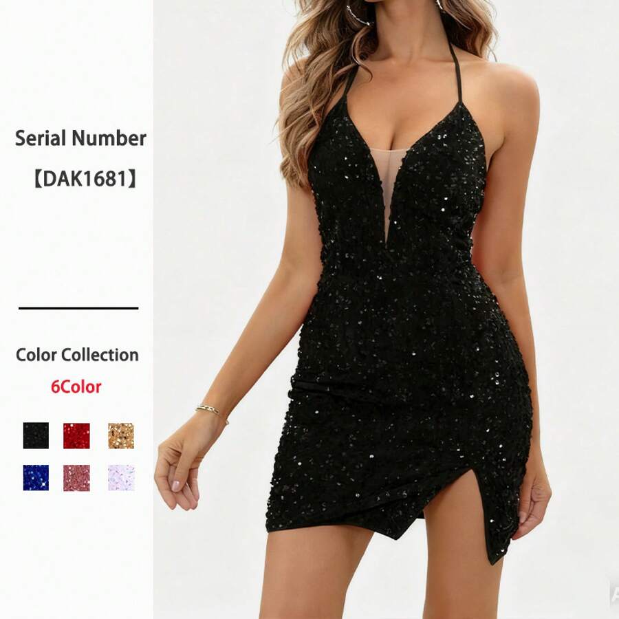 New European And American Style Sexy Sequin Slip Dress, Elegant Party Dress With Slit, Open Back, Bodycon Sequin Mini Dress - 藍色 - 查看 1