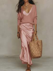 Women's Knit Sweater And Satin Slip Dress Two-Piece Set With - Pink Set - View 1