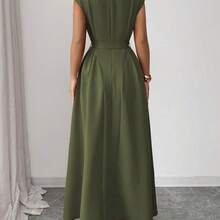 Elenzya Women's Elegant Casual Commute Vacation Afternoon Tea Valentine's Day Party Solid Color Keyhole Neck Sleeveless Waist Ruched Buckle Belt Flared Hem Pockets Dress, Spring/Summer Long Dress With Pocket Women's Dress Formal Wear High Quality Dress Wommen Dress Women Dresses Elegant Classic - Negro - Ver 9