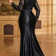 Lady Women's V-Neck Lace Patchwork Pleated Elegant Waist Cinched Long Party Dress - Verde Oscuro - Ver 3