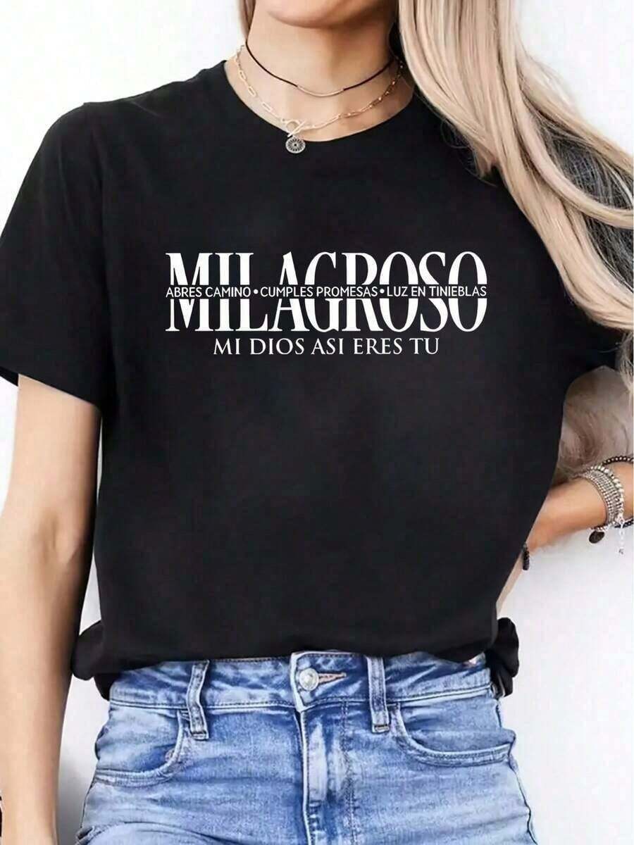 Camiseta Religiosa Cristiana Española para Mujer - "Mi Largo Es Tu Fortaleza" y Versículo Bíblico de Filipenses 4:13, Ropa de Fe, Cuello Redondo, Manga Corta, Lavable a Máquina, Regalo Cristiano Inspirador para Mujeres, Camiseta con Escritura Española, Atuendo Casual Cómodo, Perfecta para Eventos de Iglesia y Estudio Bíblico, Ropa Casual Femenina con Mensaje Inspirador Adecuado como regalo. playera de mujer. blusas>elegantes. boho chic,Top de mujer suave, transpirable y cómodo, ideal para primavera, verano y otoño, perfecto para vacaciones, viajes y uso diario. - Negro - Ver 1