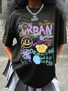 Women's% Cotton-shirtCamiseta de manga corta suave con estampado urbano de graffiti para adolescentes, top de estilo casual de calle para el veranoLightweight, breathable, summer best-seller - Negro - Ver 1