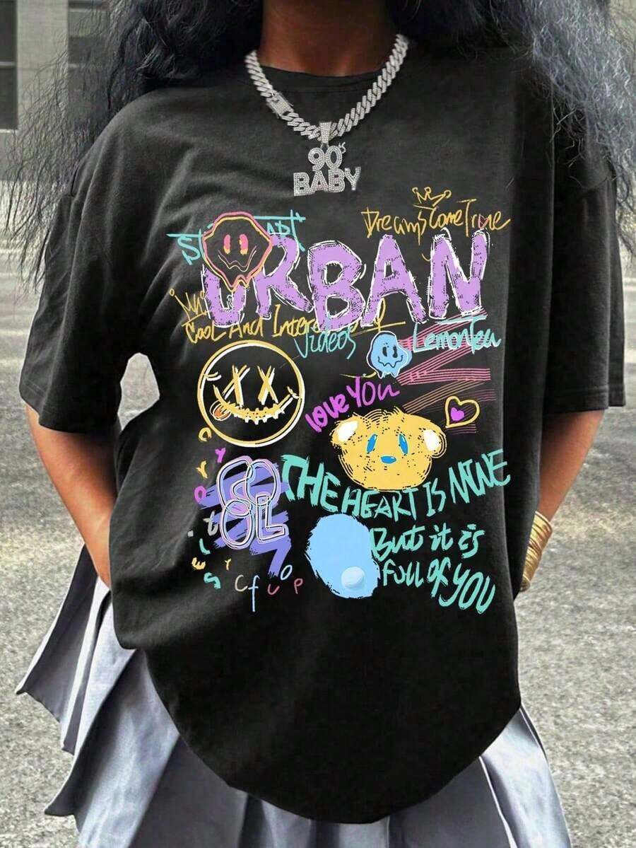 Women's% Cotton-shirtCamiseta de manga corta suave con estampado urbano de graffiti para adolescentes, top de estilo casual de calle para el veranoLightweight, breathable, summer best-seller - Negro - Ver 1