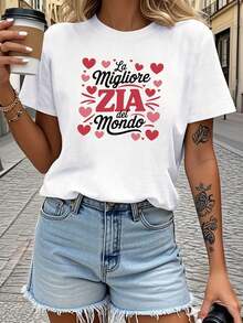 La mejor tía en el mundo Camiseta de mujer con impresión de corazón italiano Estilo europeo Estilo europeo Cuello de tulación cálido Reunión familiar diaria en la ca Artículo versátil Festivaibe Ropa de mujer de moda - Blanco - Ver 2