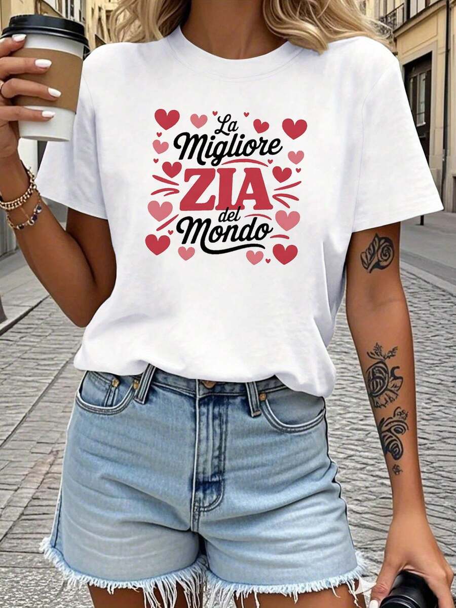 La mejor tía en el mundo Camiseta de mujer con impresión de corazón italiano Estilo europeo Estilo europeo Cuello de tulación cálido Reunión familiar diaria en la ca Artículo versátil Festivaibe Ropa de mujer de moda