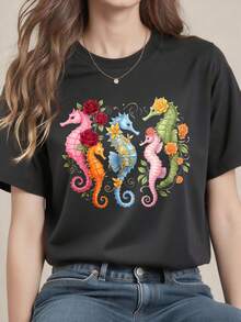 Women's T-Shirt, Soft And Breathable Fabric, Floral And Seahorse Print, Suitable For Everyday Casual Wear, Soft Knit Fabric, Machine Washable, Standard Size - Unisex Cotton T-Shirt With Short Sleeves And Round Neck, Urban Vintage Style. - 黑色 - 查看 11