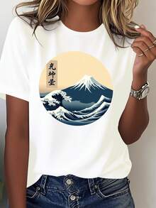 Camiseta cómodara mujer con ondas traionales japonesas y el Monte , hecha de pura - Blanco - Ver 2