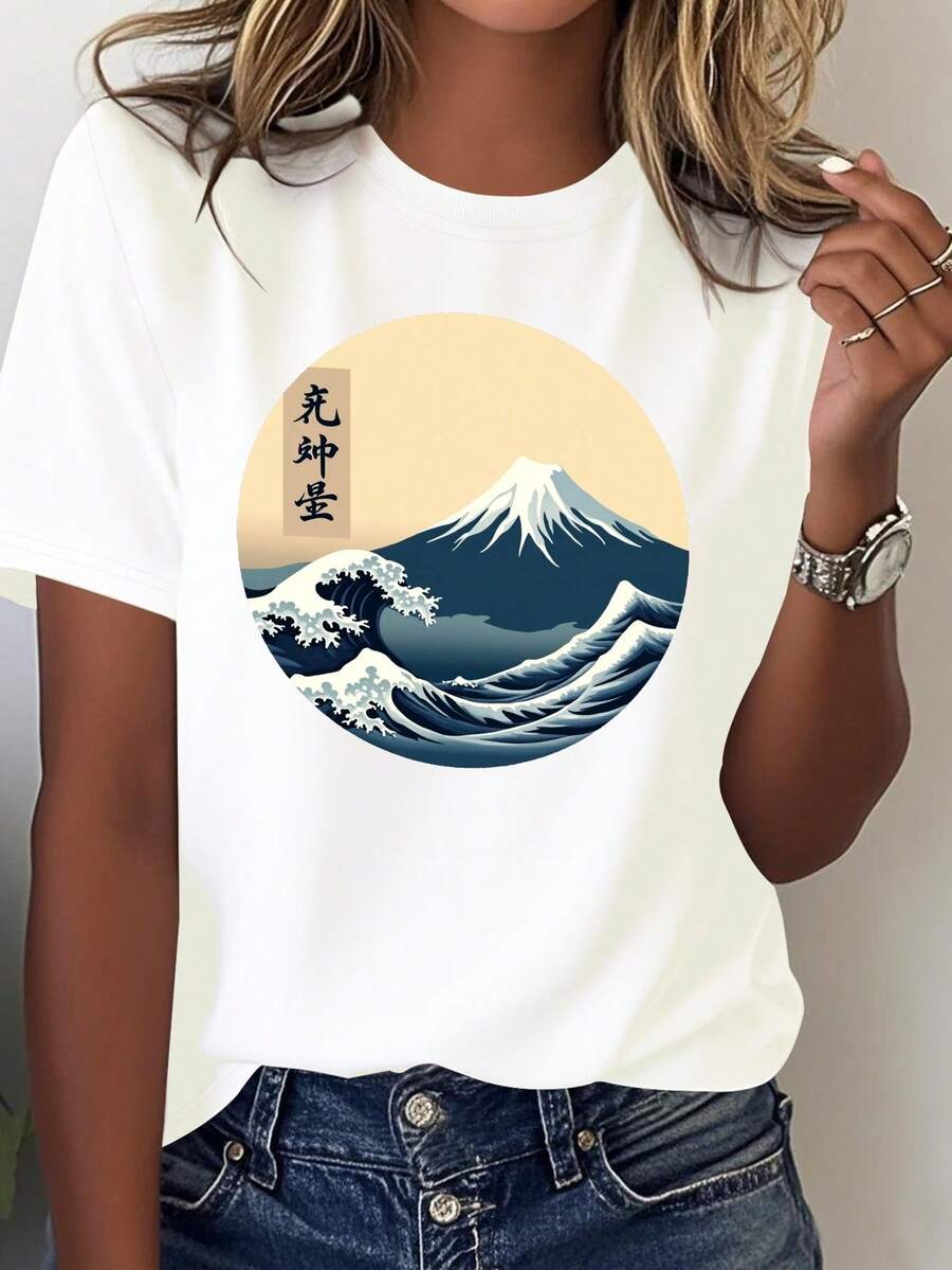 Camiseta cómodara mujer con ondas traionales japonesas y el Monte , hecha de pura