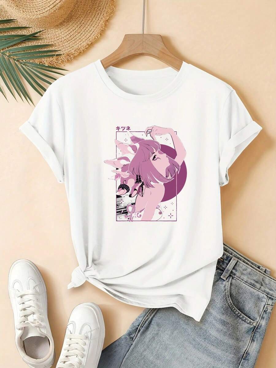 Camiseta de manga corta y corte regular para mujer - Estampado geométrico 2D estilo anime con una mujer de pelo morado y caracteres japoneses, camiseta casual de cuello redondo aptara todas las estaciones, disponible en varios colores y tallas, moda festiva con estética vintage, material