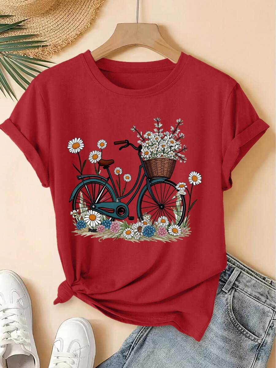 Camiseta unisex de algodón de manga corta y cuello redondo, estilo vintage urbano, con estampado floral de margaritas, estilo bosque fresco, top holgado, moda elegante para fiestas de primavera/verano 2026, ropa versátil para mujer para ir al trabajo. - Rojo - Ver 1