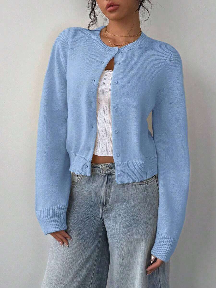 Cárdigan de mujer de manga larga, cuello redondo, suelto y corto, de unicolor, cómodo y acogedor, ideal para el uso diario, en color amarillo mantequilla para otoño/invierno - Celeste - Ver 1