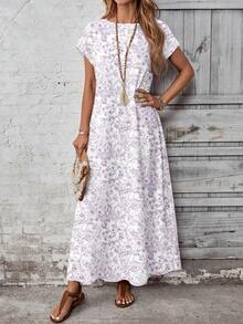 YHHEMERY ROSE Vestido largo de mujer estilo bohemio con estampado, cuello redondo, manga corta tipo murciélago, bajo acampanado, informal y multicolorYHH - Morado - Ver 5