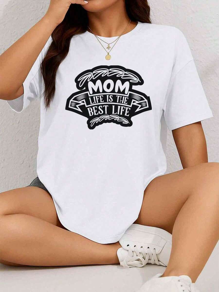 Camiseta gráfica divertida para mujer "Vida de mamá" - Estampado con la frase "La vida de mamá es la mejor vida", camiseta blanca de manga corta con cuello redondo, camiseta casual lavable a máquina, ajuste para todas las estaciones, regalo divertido para el Día de la Madre, ropa casual para mamás - blanco - Ver 1