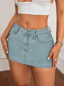 Minifalda de mezclilla ajustada y de tiro bajo lavada, con estilo callejero sexy para el verano - Lavado ligero 4 - Ver 7