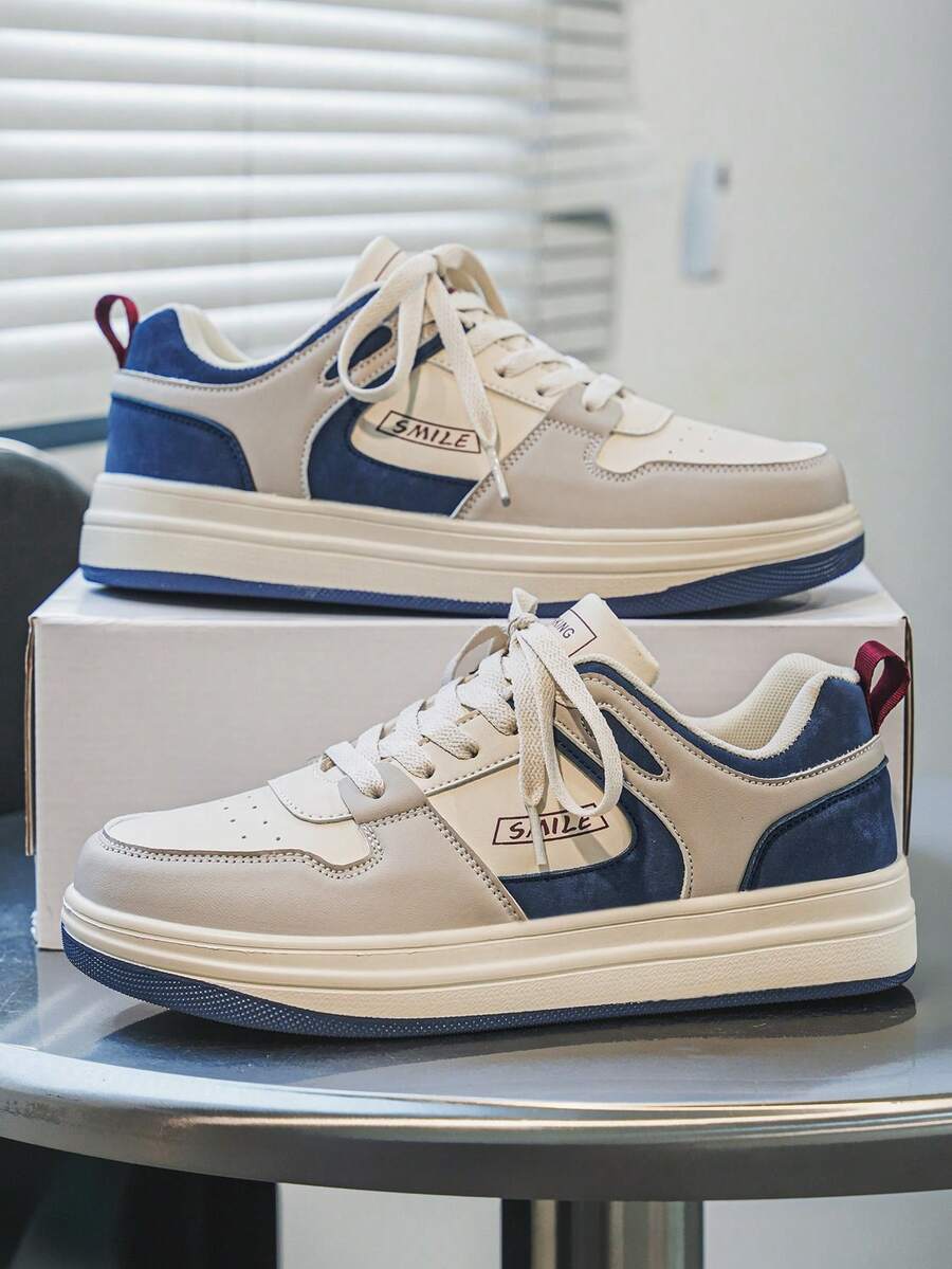 Zapatos de skate con bloqueo de color retro, parche de PU y patrón de letras con cordones para hombres. Zapatillas deportivas casuales cómodas y minimalistas para caminar al aire libre, tallas grandes para parejas - Milán - Ver 1
