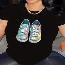 Women's Casual Round Neck Short Sleeve Cotton T-Shirt with Colorful Sneaker Print High Stretch Regular Fit Top - Negro - Ver 1