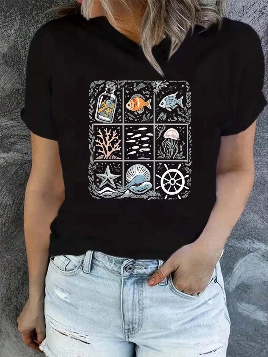 Camisetas de verano de manga corta con estampado para mujer, a y casuales, lavables aáquina, ajuste cómodo, estampado plano 2D, plano 2D - Negro - Ver 1