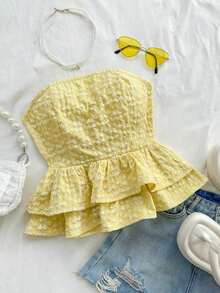 Blusa amarilla casual de verano estilo peplum sin espalda con lazo para mujer, look casual para vacaciones, almuerzo o de regreso a clases - Amarillo - Ver 1