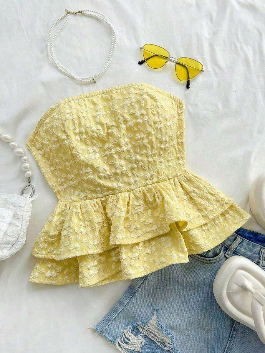 Blusa amarilla casual de verano estilo peplum sin espalda con lazo para mujer, look casual para vacaciones, almuerzo o de regreso a clases - Amarillo - Ver 1