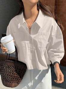 Camisa de manga larga holgada con botones delanteros y bolsillo en unicolor para mujer - Caqui - Ver 1