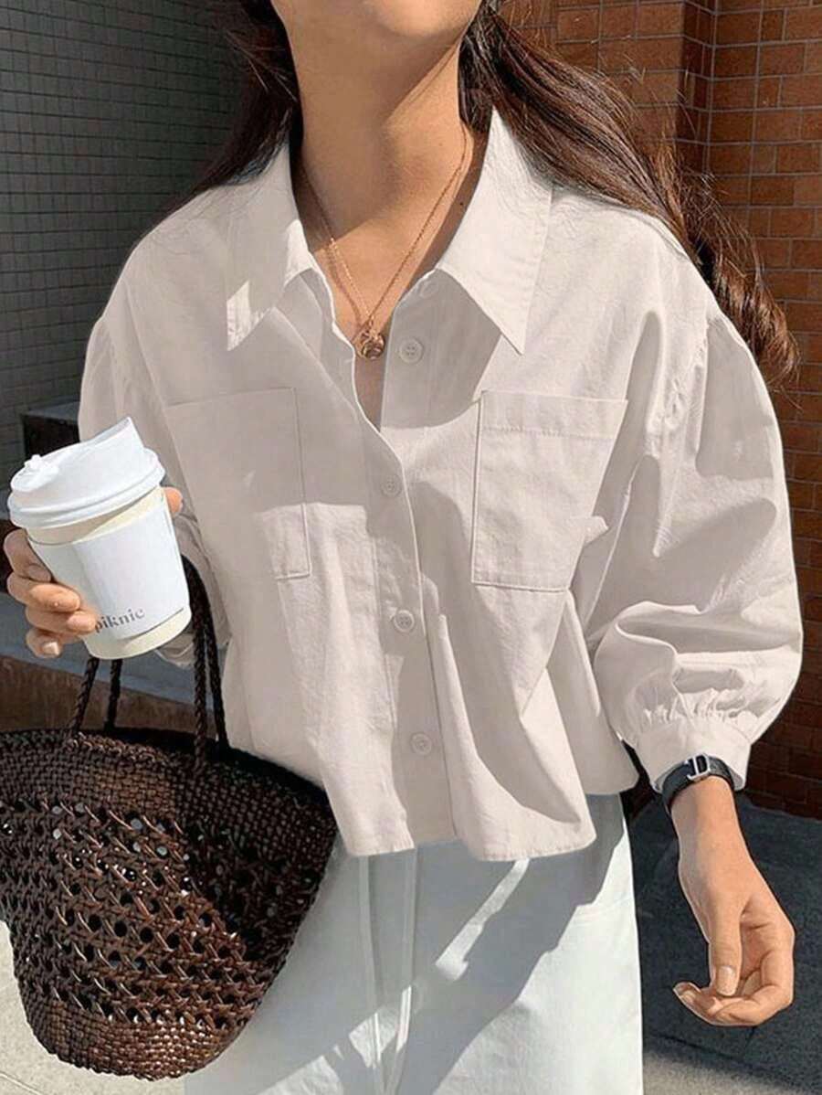 Camisa de manga larga holgada con botones delanteros y bolsillo en unicolor para mujer - Caqui - Ver 1