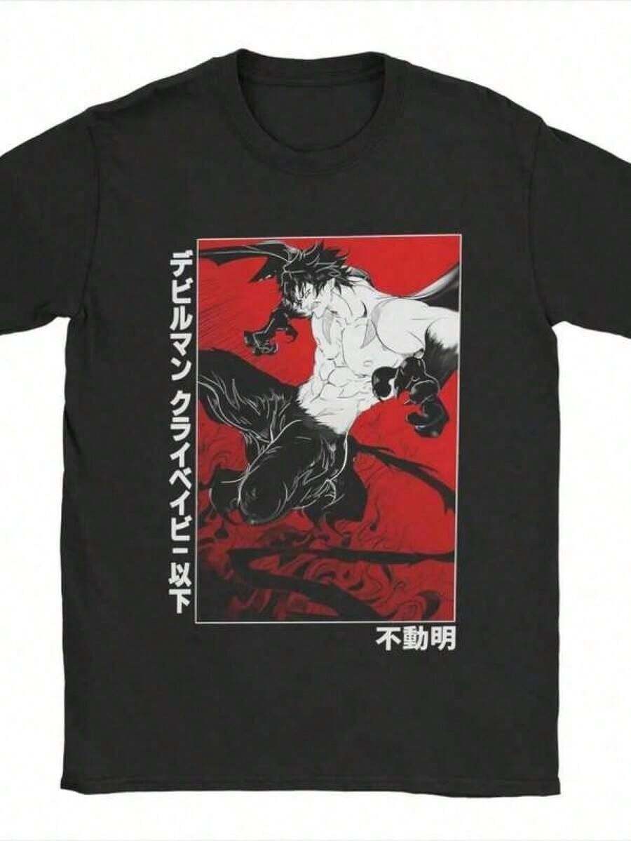 Ropa unisex para padres e hijos, camiseta de manga corta estilo anime, estilo japonés vintage con personajes icónicos, estampado en negro, rojo y naranja, camiseta de anime Devilman para mujer, 100% algodón, camiseta de moda de manga corta con cuello redondo para mujer, camisetas para mujer, ropa de mujer, tops. Diseño de personaje de dibujos animados adorable, manga corta, cuello redondo, ajustado, ideal para uso diario y comodidad durante todo el año. - Negro - Ver 1