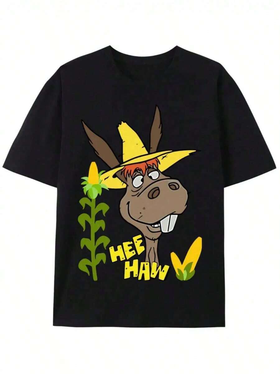 Ropa de Boutique[Camiseta de Manga Corta Talla Grande]Camiseta casual negra de talla grande, con un divertido estampado de un burro marrón que lleva un sombrero de paja amarillo y una mazorca de maíz, con el llamativo estampado "HEE HAW", cuello redondo y ajuste cómodo, perfecta para amantes de los dibujos animados, fácil de usar, adecuada para cualquier ocasión - Camiseta Unisex de Manga Corta de Algodón, Estilo Vintage Urbano, Cuello Redondo y Corte Holgado. - Negro - Ver 1