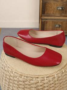 XBYASDF 2026 New Women's Square Toe Flat Shoes, Red Woven Slip-On Ballet Shoes, Comfortable Elegant Office Shoes - Red - View 6