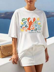 1 pieza de camiseta vintage de la  de Amalfi, Italia |     Estampado de Verano con Langosta, Sardinas, Aceitunas, Vino y Limones |     Camiseta Casual de Manga Corta con Cuello Redondo para Mujer, Primavera/Verano 2026, Estampado de Letras, Hombros Caídos, Estilo Y2K, Algodón, Manga Corta, Estilo Urbano Casual con Múltiples Opciones de Color. Transpirable y de Alta Calidad. - Blanco - Ver 1