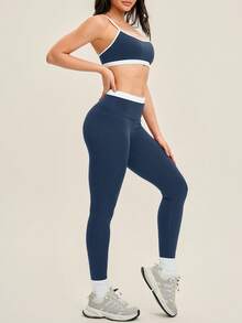 NcmRyu Women's Contrast Color Adjustable Strap Backless Bra And Tight Pants Sports Suit, 1 Set - Blue - View 8