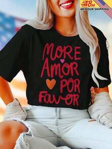 1 pieza Camiseta "More Amor Por Favor" para mujer, camiseta con estampado gráfico lindo, regalo, top casual suave de verano, imprescindible de moda, camiseta de manga corta con estampado de letras, casual para uso diario al aire libre, 180g, 100% algodón. - Blanco - Ver 9