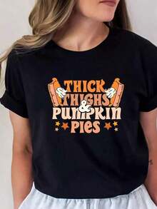 1 pieza de camiseta con estampado de tarta de calabaza de Halloween y letras, top casual de manga corta con cuello redondo, adecuada para primavera y verano, ropa de mujer, 180g 100% algodón. - Negro - Ver 12