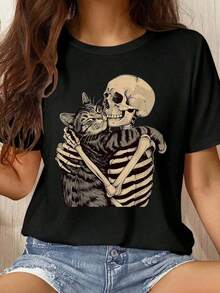 Camiseta de manga corta para mujer, estilo vintage, con estampado de calaveras y gatos de Halloween, cómoda, versátil y casual, adecuada para el hogar y actividades al aire libre. - Negro - Ver 6