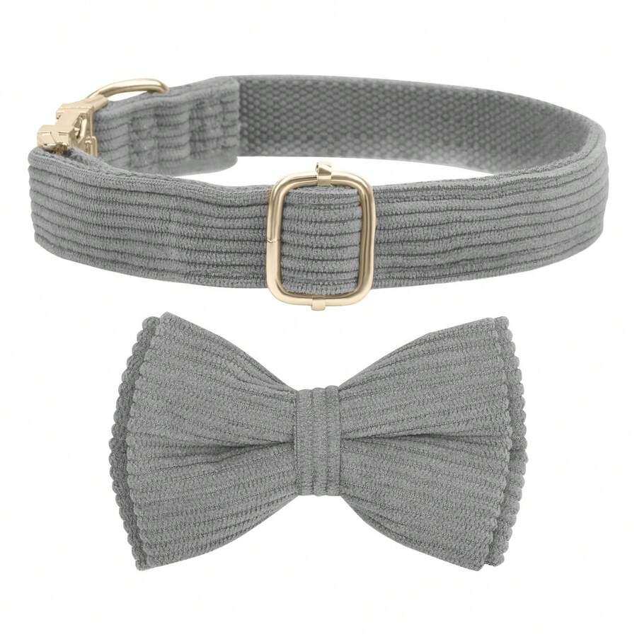 Corduroy Dog Collar With Dog Bow Tie, Soft Quick Release Basic Dog Collars For Small Medium Dogs, Large Dogs, Adjustable Dog Collar - Grey - View 1
