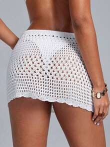 Swim Lushoire Falda pareo con dobladillo ondulado para la playa, con patrón geométrico perforado y floral - Blanco - Ver 2