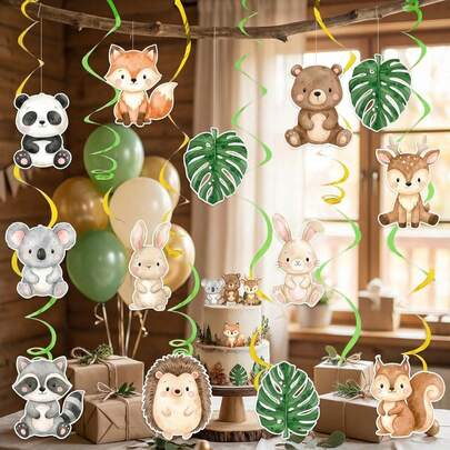 2D Flat,Woodland Animal & Dog Themed Hanging Swirls, Cute Pet/Forest Animal Swirl Streamers, Party Decorations For Birthday, Baby Shower, Jungle/Puppy Themed Party