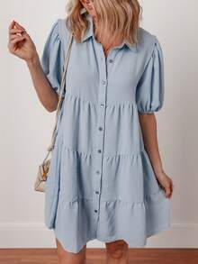 Vestido elegante con cuello azul marino, botones delanteros y mangas con volantes en capas - Celeste - Ver 5