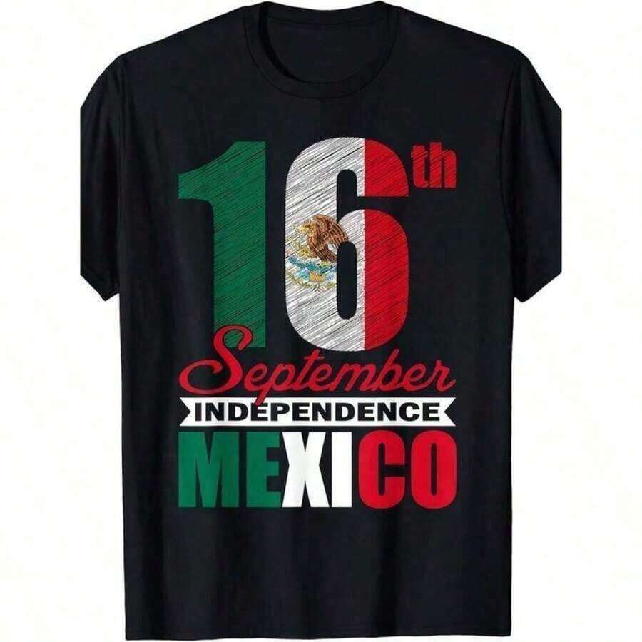 Camiseta para Hombre Vivaéxico Día de la Independencia - Algodón Suave y Transpirable, Manga Corta Casual con Estampado de Bandera y Águila Mexicana, - Negro - Ver 1